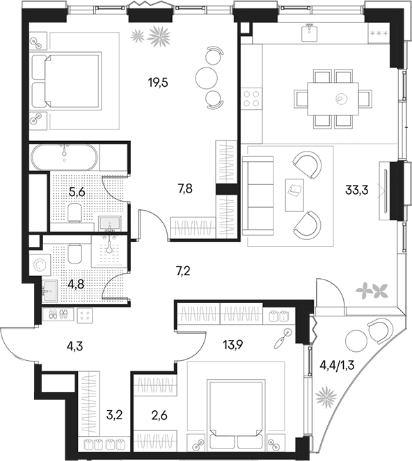 Планировка — Клубный город на реке Primavera, 3-комн., 102 м²