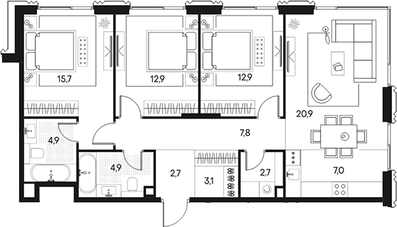 Планировка — Клубный город на реке Primavera, 4-комн., 96 м²