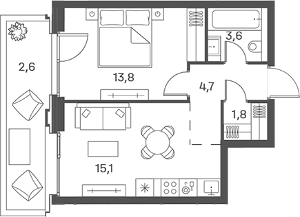 Планировка — PORTLAND, 2-комн., 39 м²