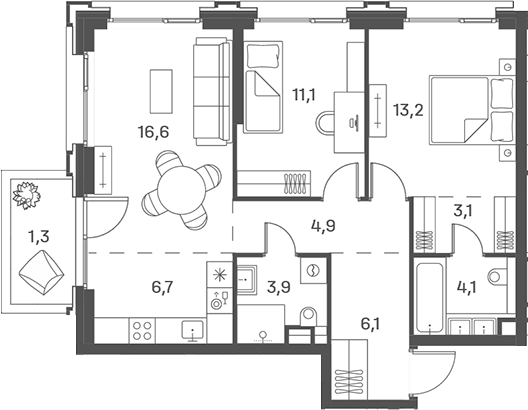 Планировка — PORTLAND, 3-комн., 70 м²