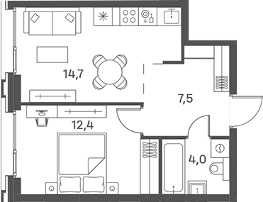 Планировка — PORTLAND, 2-комн., 39 м²