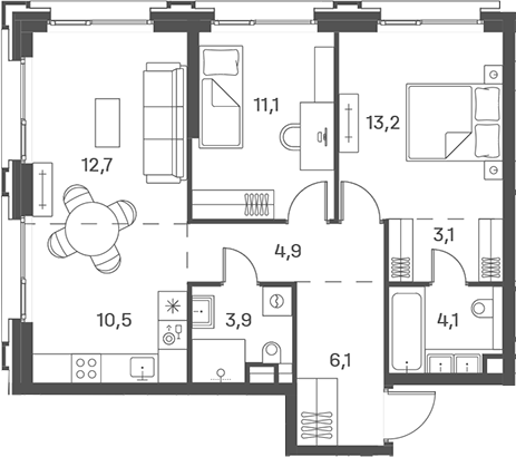 Планировка — PORTLAND, 3-комн., 70 м²