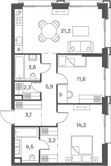 Планировка — PORTLAND, 3-комн., 70 м²