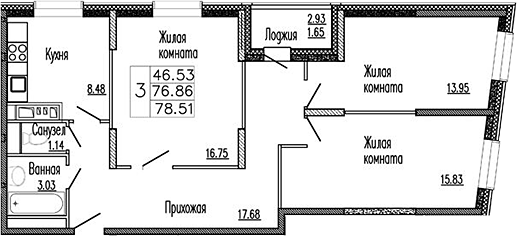 Планировка — Клевер, 3-комн., 77 м²
