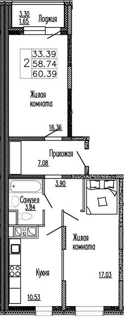 Планировка — Клевер, 2-комн., 59 м²