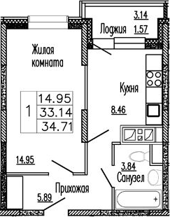 Планировка — Клевер, 1-комн., 33 м²