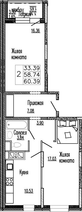 Планировка — Клевер, 2-комн., 59 м²