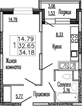 Планировка — Клевер, 1-комн., 33 м²