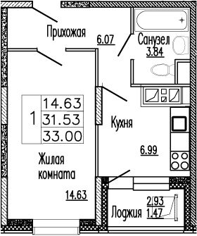 Планировка — Клевер, 1-комн., 32 м²