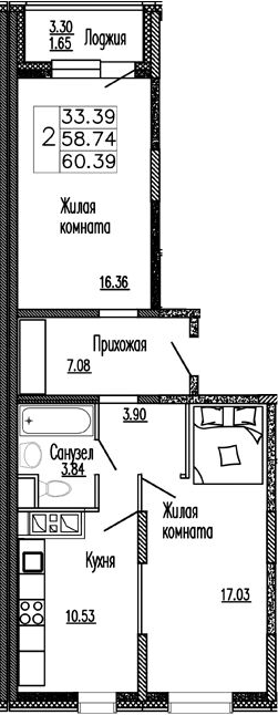 Планировка — Клевер, 2-комн., 59 м²