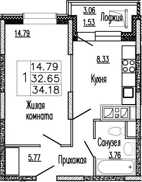 Планировка — Клевер, 1-комн., 33 м²