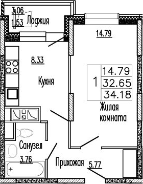 Планировка — Клевер, 1-комн., 33 м²