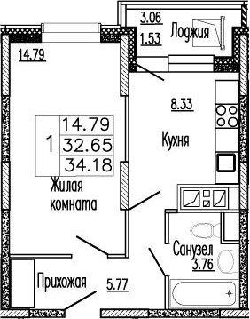 Планировка — Клевер, 1-комн., 33 м²
