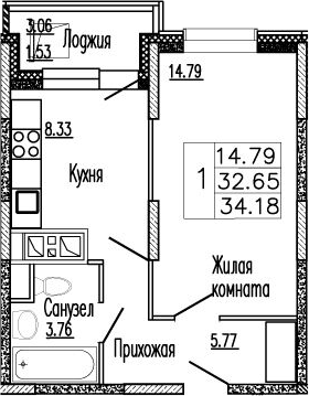 Планировка — Клевер, 1-комн., 33 м²