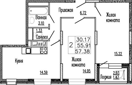 Планировка — Клевер, 2-комн., 56 м²
