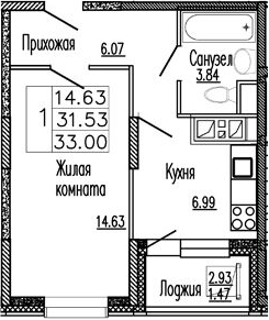Планировка — Клевер, 1-комн., 32 м²