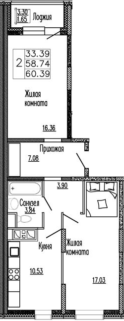 Планировка — Клевер, 2-комн., 59 м²