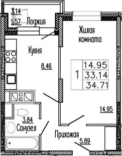 Планировка — Клевер, 1-комн., 33 м²