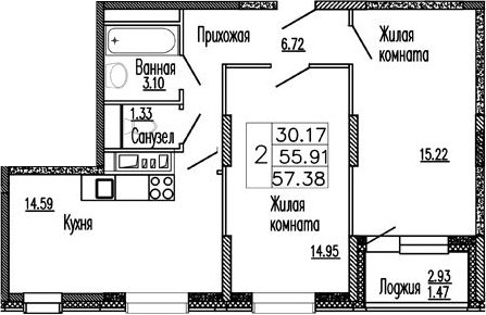 Планировка — Клевер, 2-комн., 56 м²