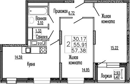 Планировка — Клевер, 2-комн., 56 м²