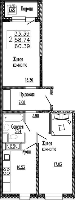 Планировка — Клевер, 2-комн., 59 м²