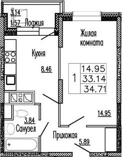 Планировка — Клевер, 1-комн., 33 м²