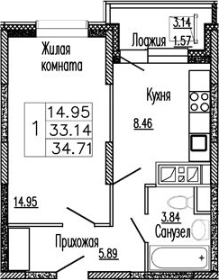 Планировка — Клевер, 1-комн., 33 м²
