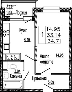 Планировка — Клевер, 1-комн., 33 м²