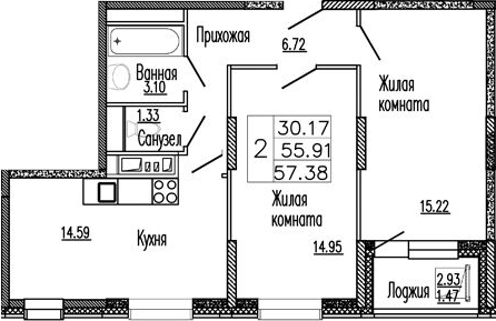 Планировка — Клевер, 2-комн., 56 м²