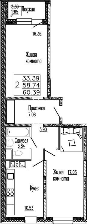 Планировка — Клевер, 2-комн., 59 м²