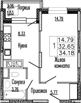 Планировка — Клевер, 1-комн., 33 м²