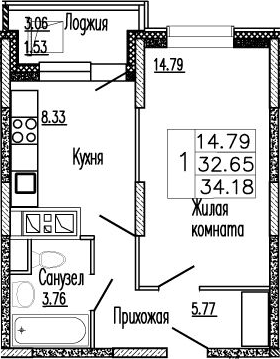 Планировка — Клевер, 1-комн., 33 м²