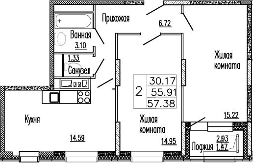 Планировка — Клевер, 3-комн., 56 м²