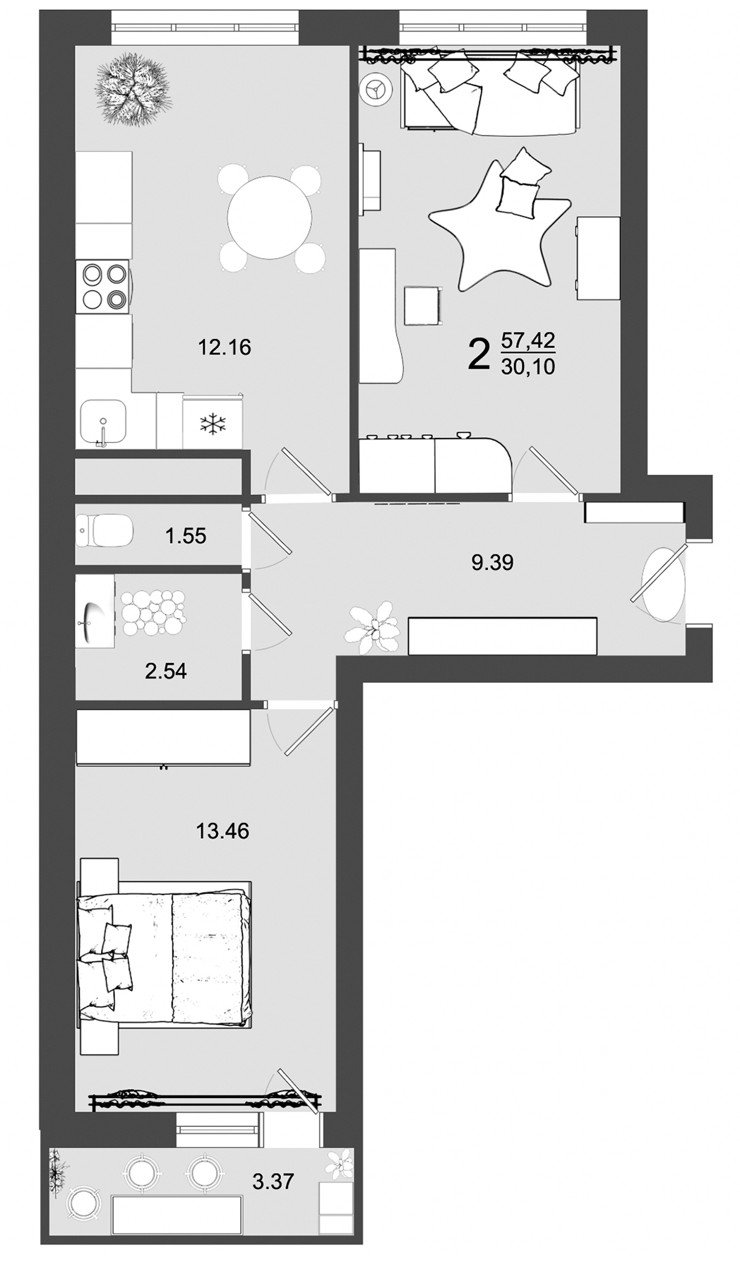Планировка — Майданово Парк, 2-комн., 56 м²