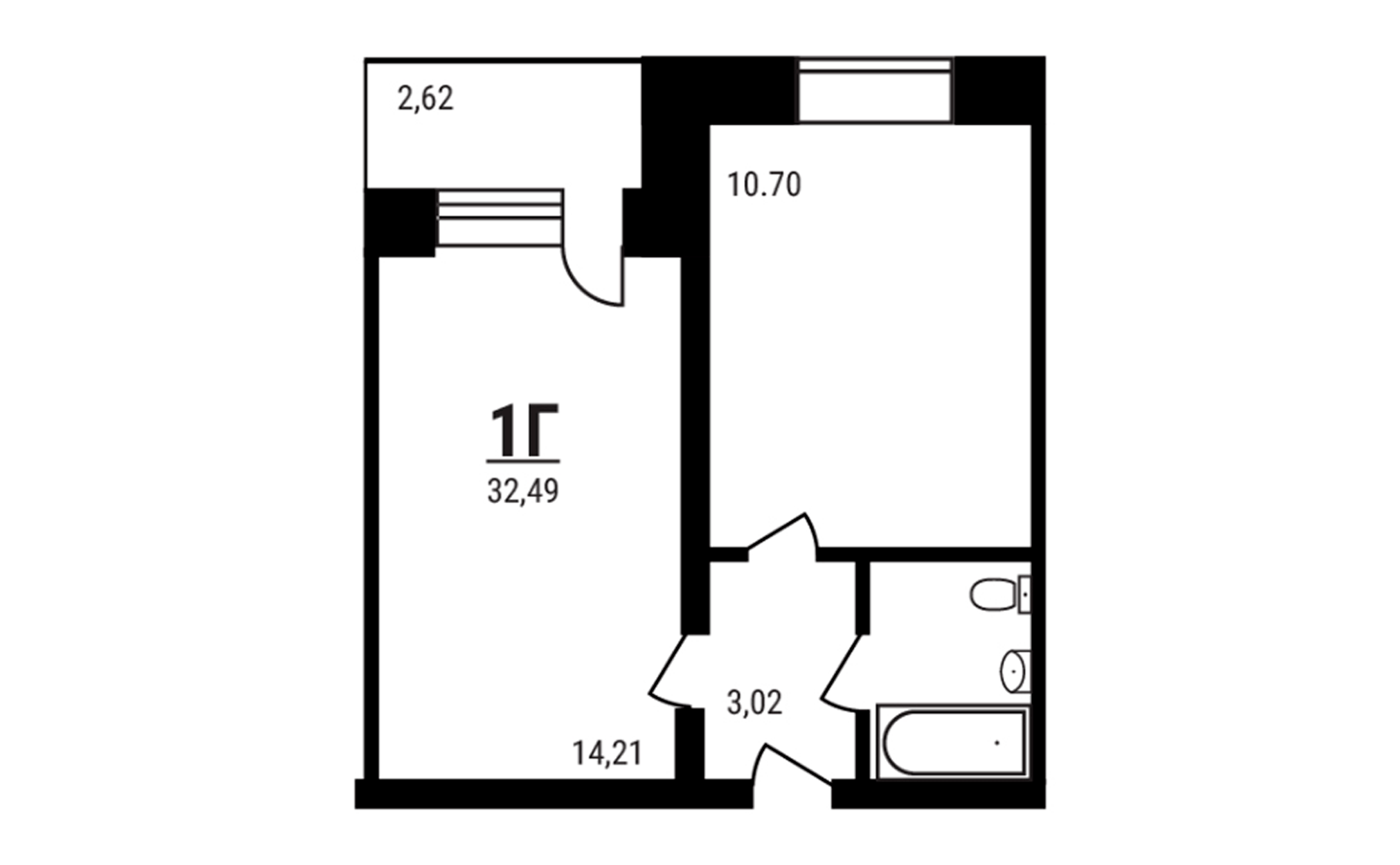 Планировка — Дружный, 1-комн., 32 м²