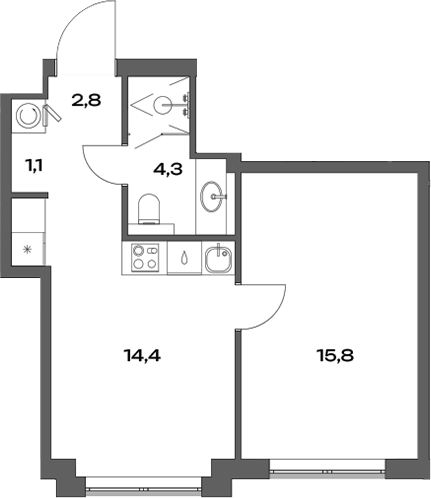 Планировка — Акценты, 1-комн., 38 м²