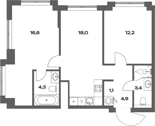 Планировка — Акценты, 3-комн., 61 м²