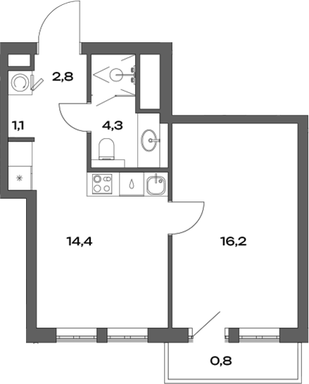 Планировка — Акценты, 1-комн., 39 м²