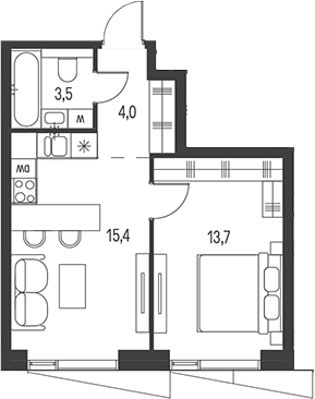 Планировка — Moments, 2-комн., 37 м²
