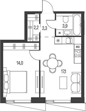 Планировка — Moments, 2-комн., 40 м²