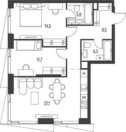 Планировка — Moments, 3-комн., 66 м²