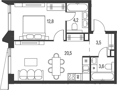 Планировка — Moments, 2-комн., 45 м²