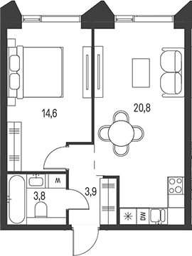 Планировка — Moments, 2-комн., 43 м²