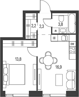 Планировка — Moments, 2-комн., 39 м²