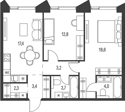 Планировка — Moments, 3-комн., 65 м²