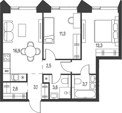 Планировка — Moments, 3-комн., 57 м²