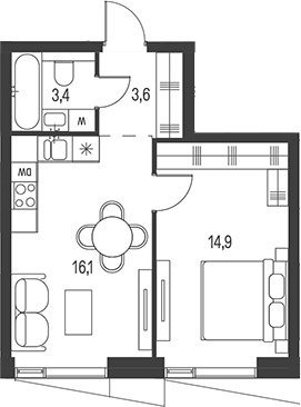 Планировка — Moments, 2-комн., 38 м²