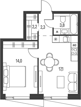 Планировка — Moments, 2-комн., 39 м²