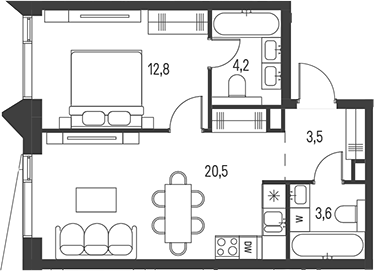 Планировка — Moments, 2-комн., 45 м²