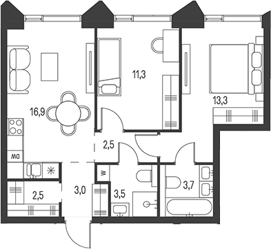 Планировка — Moments, 3-комн., 57 м²